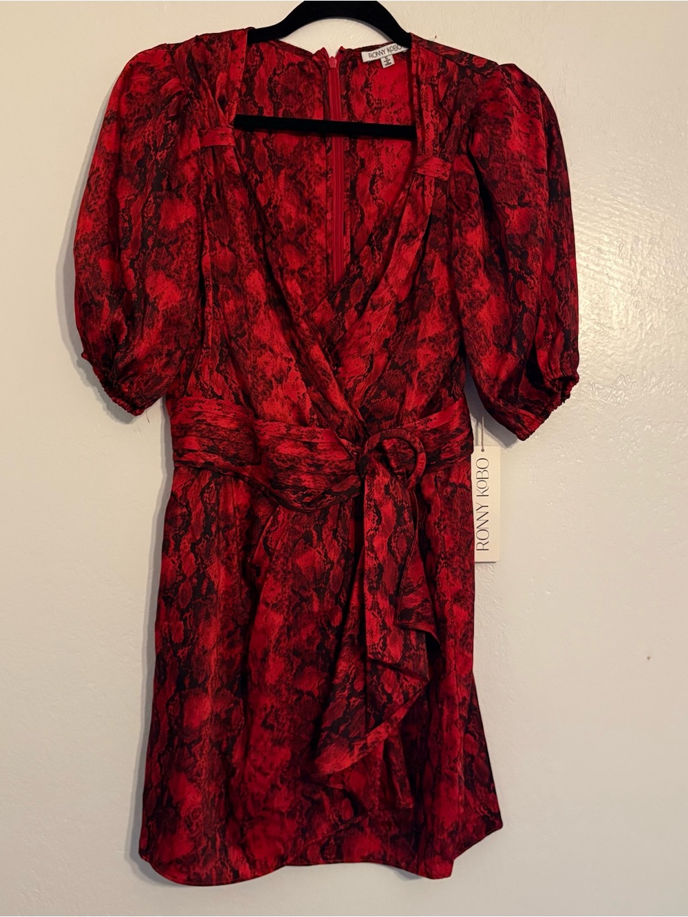 Ronny Kobo Red/Black Snake Print Satin Wrap Mini Dress Puff Sleeve Belted S